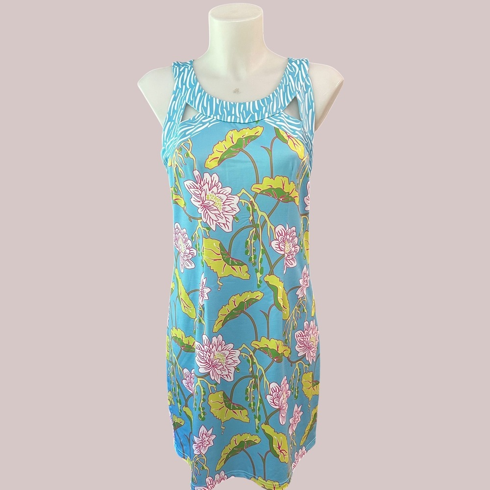 Gretchen Scott Mystic Garden Isosceles Jersey Shift Dress Aqua Blue sz M
